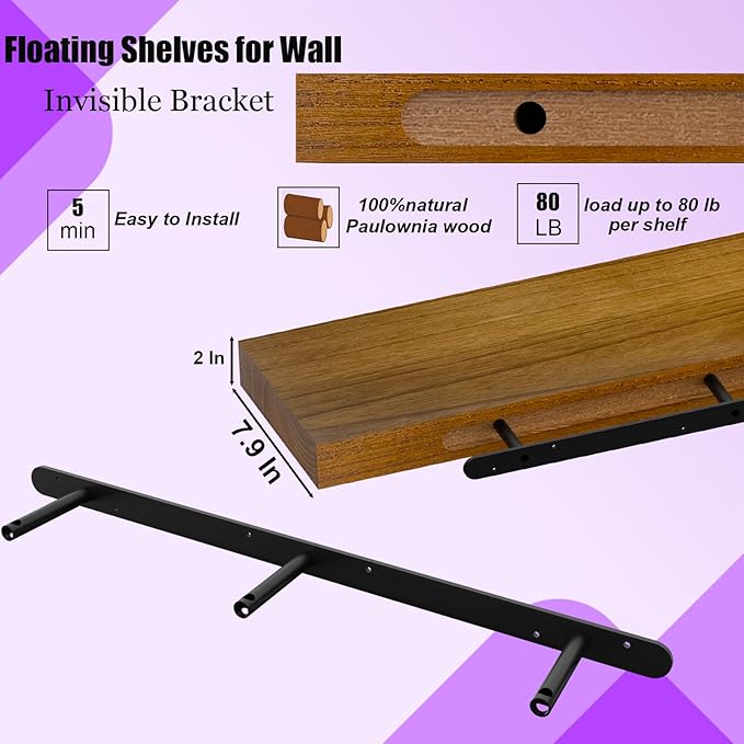 IAE Walnut Floating Wall Shelves 72 inch, Bathroom Shelf Wall Mounted,Invisible Shelf Floating Kitchen Shelving,Wooden Wall Shelves with Brackets for Living Room Wall Mounted,Easy Install,Set of 2