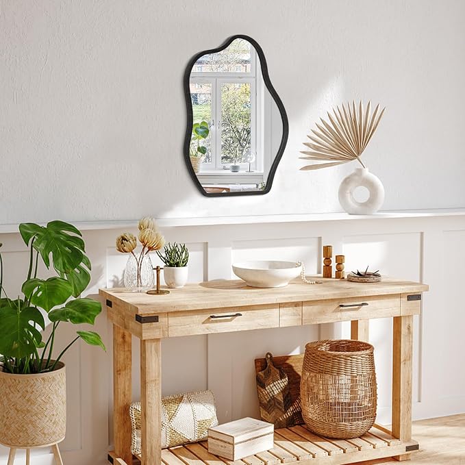 Irregular Mirror for Wall Decor Modern Asymmetrical Small Wall Mirror with Wooden Framed Unique Shape Vanity Artistic Cloud Mirror Decorative for Living Room Bedroom Bathroom