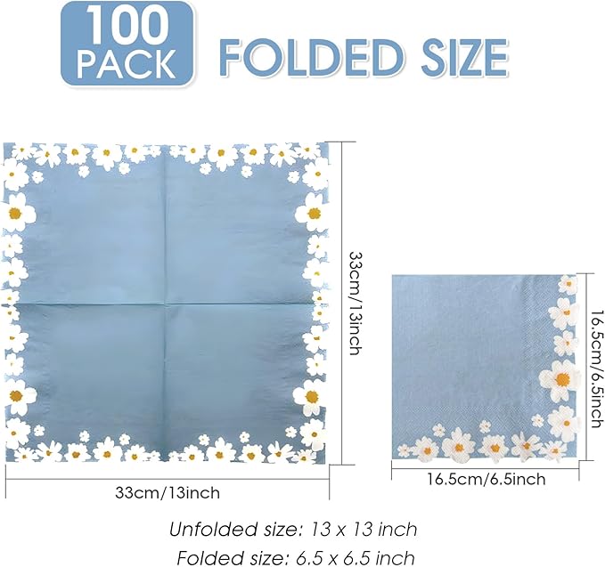 100 Pack Floral Paper Napkins, Blue-White Flowers Cocktail Napkins Tea Party Decorations, 4-Ply Guest Napkins Disposable for Wedding Birthday Baby Shower Bar Hotel Restaurant Folded 6.5 x 6.5 Inches