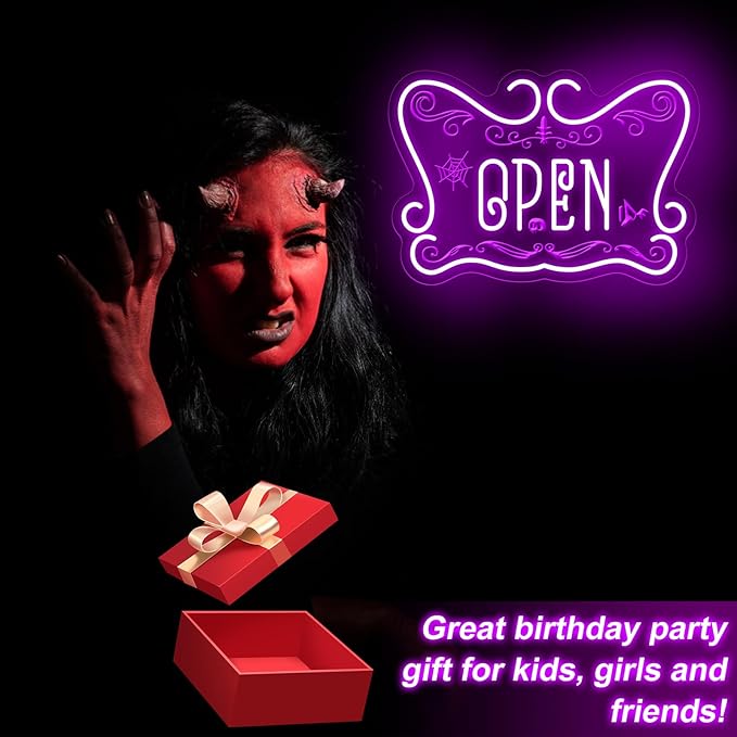 Gothic Open Neon Sign LED Wall Light for Witchy Shop Spooky Café Halloween Decor Crystal Store Tattoo Studio and Mystic Boutique Room Game Kids Room Man Cave Party Decor Party Supply Ba