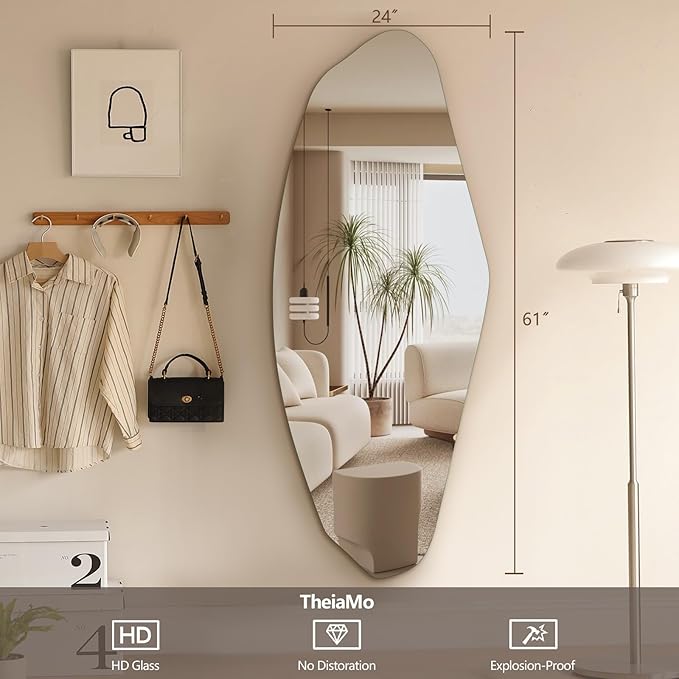 Irregular Full Length Mirror, 61"x24" Frameless Full Body Mirror, Asymmetrical Wall Mirrors for Bedroom, Living Room, Cloakroom, Explosion-Proof, Waterproof, Horizontal/Vertical