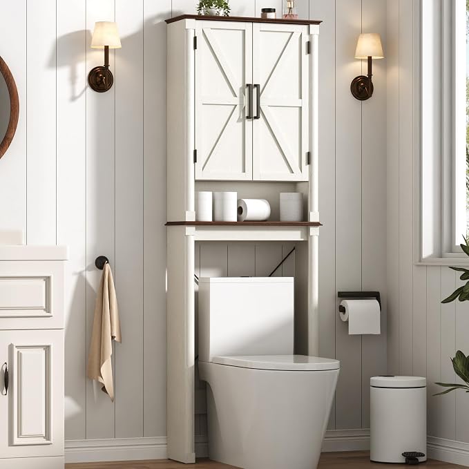 jiteentarou Farmhouse Bathroom Storage Cabinet,Over The Toilet Storage Cabinet with Roman Column Decor,Tall Over The Toilet Shelf with Barn Doors,Over Toilet Bathroom Organizer(Rustic White)
