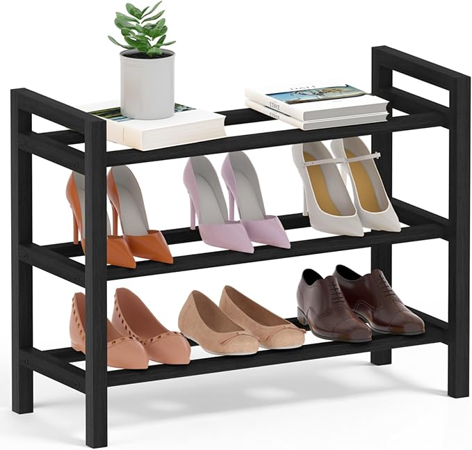 Haddockway Bamboo Shoe Rack for Closet, Free Standing Shoe Organizer with Smooth Round Rods & Convenient Handles, Stackable Shoe Storage Shelf for Entryway, Hallway(Black, 3-Tier(Small))
