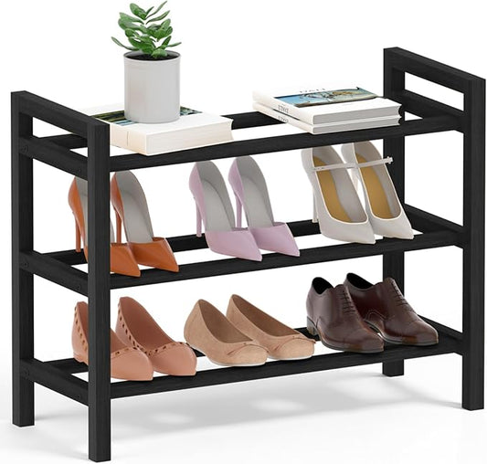 Haddockway Bamboo Shoe Rack for Closet, Free Standing Shoe Organizer with Smooth Round Rods & Convenient Handles, Stackable Shoe Storage Shelf for Entryway, Hallway(Black, 3-Tier(Small))