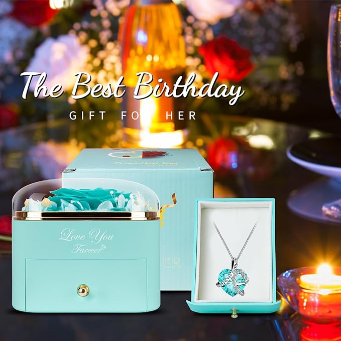 Preserved Light Blue Real Rose with Heart Necklace -Eternal Flowers Rose Birthday Gifts for Women Wife Mom Girlfriend Grandma Gifts Idea on Christmas Valentines Mothers Day for Her