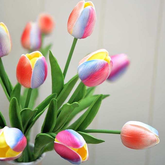 FiveSeasonStuff Real Touch Pastel Rainbow Gradient Tulips – 15 Stems Artificial Flowers with Multicolor Petals for Bouquets, Centerpieces, Home Decor, Spring & All-Season Arrangements