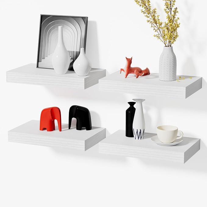 White Floating Shelves for Wall Set of 4, 11.8 Inch Small Wall Shelves for Bathroom Over Toilet, Kitchen & Bedroom Storage, Wall Mounted Shelf System for Decor, Books & Toiletries
