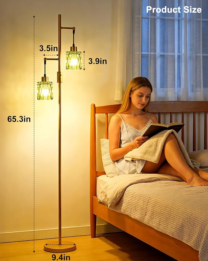 Lightdot 65IN Industrial Gold Floor Lamp for Living Room, 2- Light Green Glass Floor Lamps with Warm White Bulbs, Modern Farmhouse Tree Standing Tall Lamp with 5Lbs Heavy Base for Bedroom Home Office