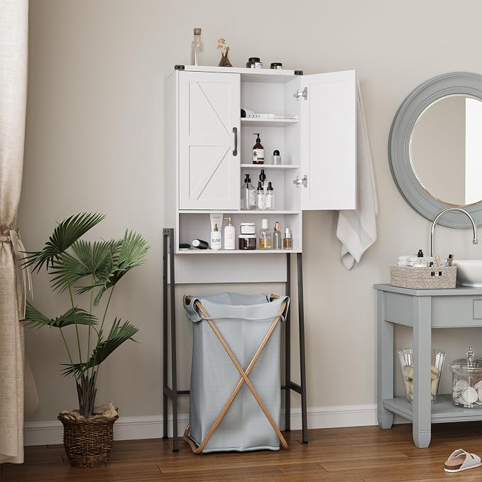Vabches Over The Toilet Storage Cabinet with 2-Door Design Bathroom Organizers and Storage with Anti-Tip Device Over Toilet Organizer with Shelves for Bathroom,Restroom,Laundry White