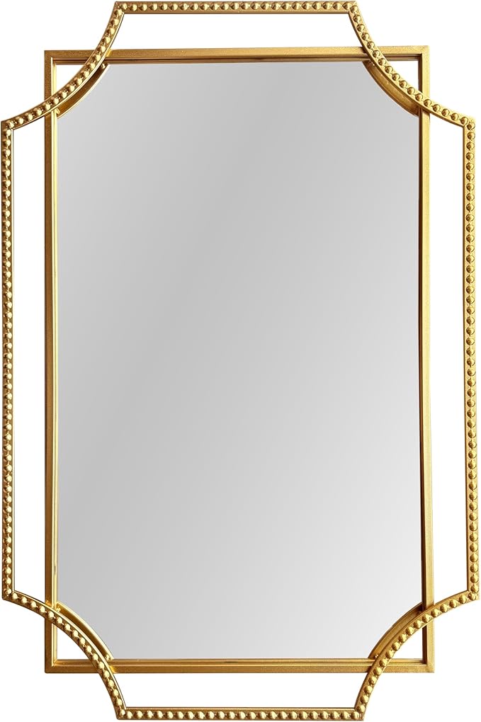 Gold Bathroom Mirror with Metal Frame 24"x36" Antique Beaded Decorative Wall Vanity Mirror Rectangle Polished Beveled Mirrors for Bedroom Entryway Fireplace