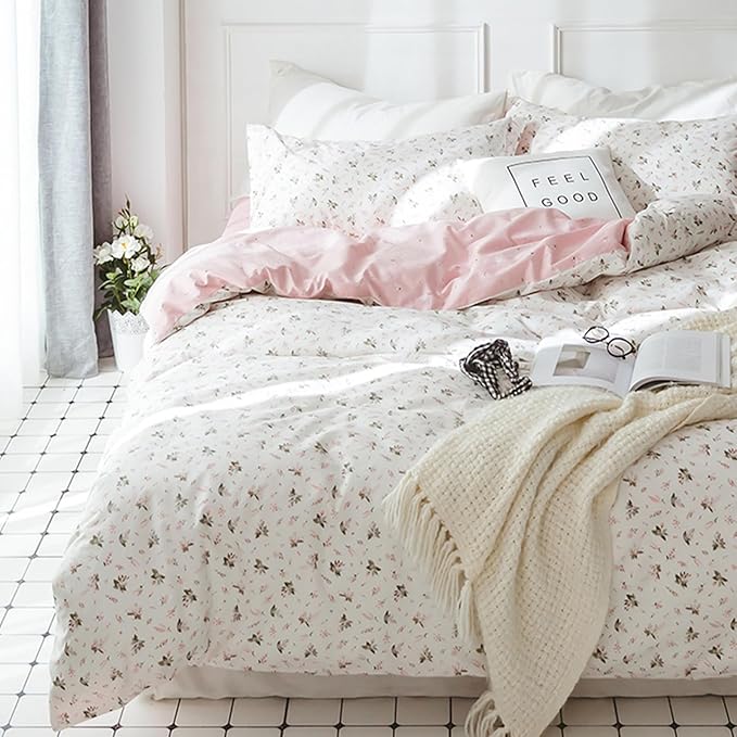 HighBuy Floral Girl Duvet Cover Twin XL Size Cotton White Pink Coquette Bedding Comforter Covers Twin XL Bedding Set Lightweight Soft Aesthetic Garden Style with Zipper Closure for Children