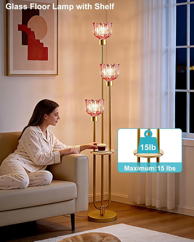 Lightdot Glass Floor Lamp for Living Room 3-Lights Modern Gold Floor Lamp with Rose Red Glass Shade 3000K Bulbs Included Unique Standing Lamp with 5Lbs Heavy Base for Bedroom/Sofa Beside/Corner Decor