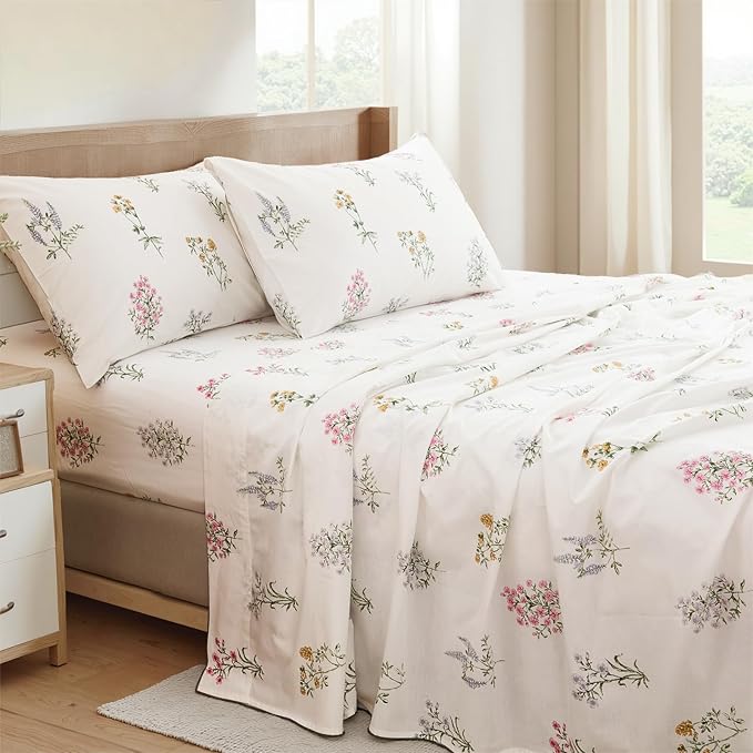 100% Cotton Sheet Set Queen Size – 4-Piece Chic Garden Floral White Bedding Set, Soft Breathable Percale Weave, Deep Pocket Fitted Sheet 17.5", Crisp Cool Feel, Refined Botanical Elegance