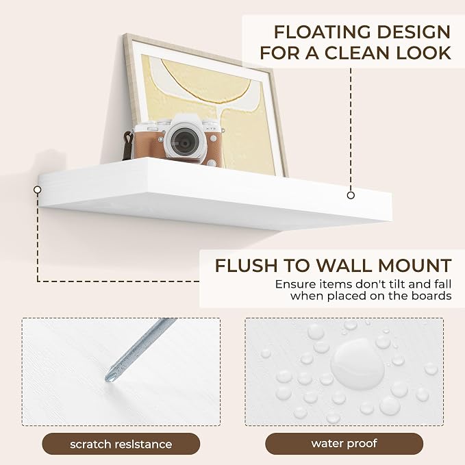 RICHFOCUS 20Inch Floating Shelves for Wall 2 Pack Shelves for Bedroom|Kitchen|Bathroom|Laundry Room Rustic Wood Wall Mounted Shelf with Invisible Brackets for Books|Storage|Decor, White