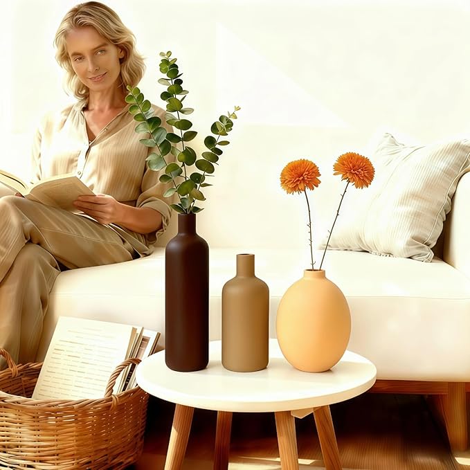 Modern Ceramic Vase Set – 4 Piece Rustic Decorative Vases for Boho Living Room Centerpieces, Entryway Decorations, Coffee Table, Bookshelf, Fireplace Mantel