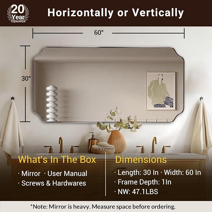 ANDY STAR 30"x60" Large Bathroom Mirror, Brushed Nickel Rectangle Scalloped Mirror, Modern Full Length Wall Mirror with Rust-Proof Stainless Steel Frame, Hangs Vertically or Horizontally