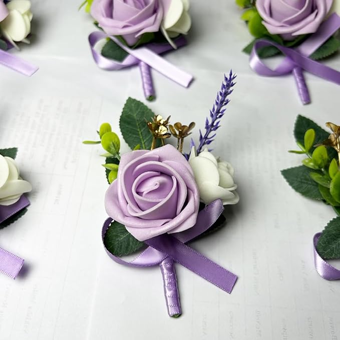 6PCS Purple Lavender Boutonniere for Men, Lilac Boutonniere Pins for Men Groomsmen Guest Boutonniere, Artificial Flowers for Wedding Decor Prom Homecoming