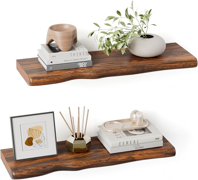 Solid Wood Live Edge Floating Shelves Set of 2 – 24" Rustic Wall Shelf with Hidden Bracket System, Wall Mounted Shelves for Bathroom, Kitchen, Living Room, Bedroom (Glazed Walnut)