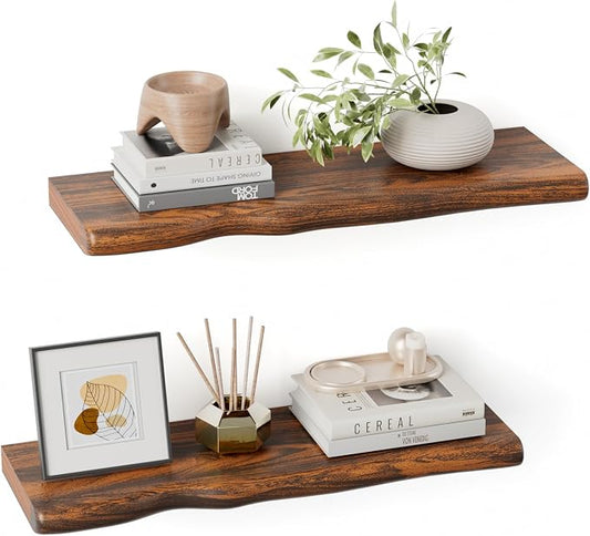 Solid Wood Live Edge Floating Shelves Set of 2 – 24" Rustic Wall Shelf with Hidden Bracket System, Wall Mounted Shelves for Bathroom, Kitchen, Living Room, Bedroom (Glazed Walnut)
