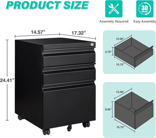 Regine Switzerland 3 Drawer File Cabinet - Lockable Rolling Metal Filing Cabinet for Home Office | Black, A4/Letter/Legal Size