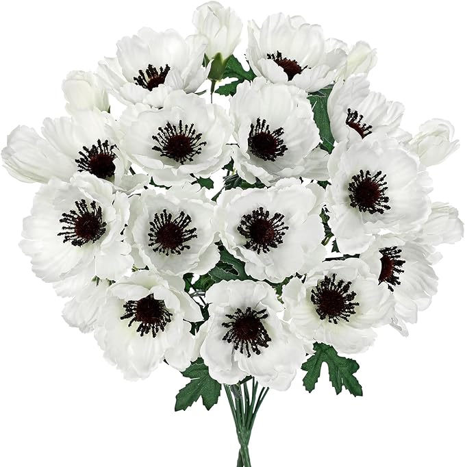 Hollyone 10 Heads White Poppy Flowers Artificial 2Pcs Fake Poppies Flowers Bouquets with 7 Heads Full Bloom Poppy & 3 Buds Bouquet Stems Spring Sumer Faux Floral Flower Arrangement for DIY Home Decor