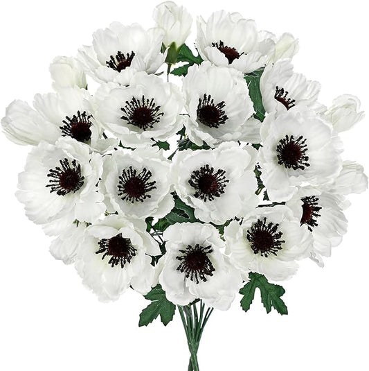 Hollyone 10 Heads White Poppy Flowers Artificial 2Pcs Fake Poppies Flowers Bouquets with 7 Heads Full Bloom Poppy & 3 Buds Bouquet Stems Spring Sumer Faux Floral Flower Arrangement for DIY Home Decor