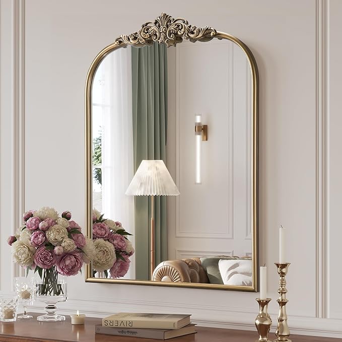 Antique Baroque Gold Mirror, 24” x 32” Vintage Vanity Mirror for Fireplace Mantel, Arch Bathroom Mirror for Wall with Ornate Metal Frame for Entryway Bedroom Living Room
