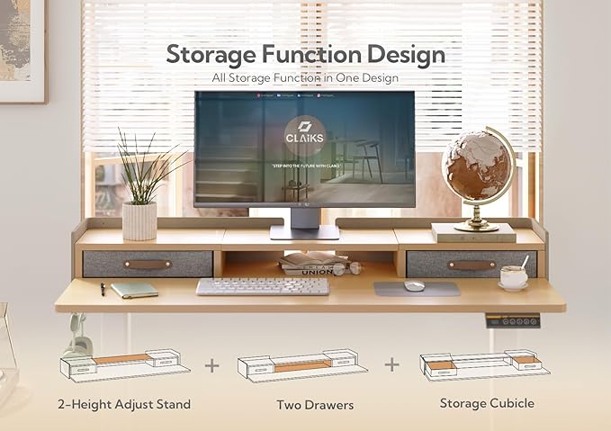 Claiks Standing Desk with Drawers, Adjustable Stand Up Electric Standing Desk Adjustable Height with Storage Shelf and Splice Board, 59 Inch, Natural