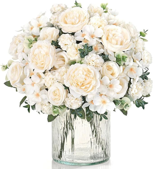 2 Bundles White Peonies Artificial Flowers Silk Flower Centerpieces for Tables Fake Flower Arrangements Bouquets Mixed Roses Hydrangea with Stems for Wedding Bridal Bouquets Home Table Decor