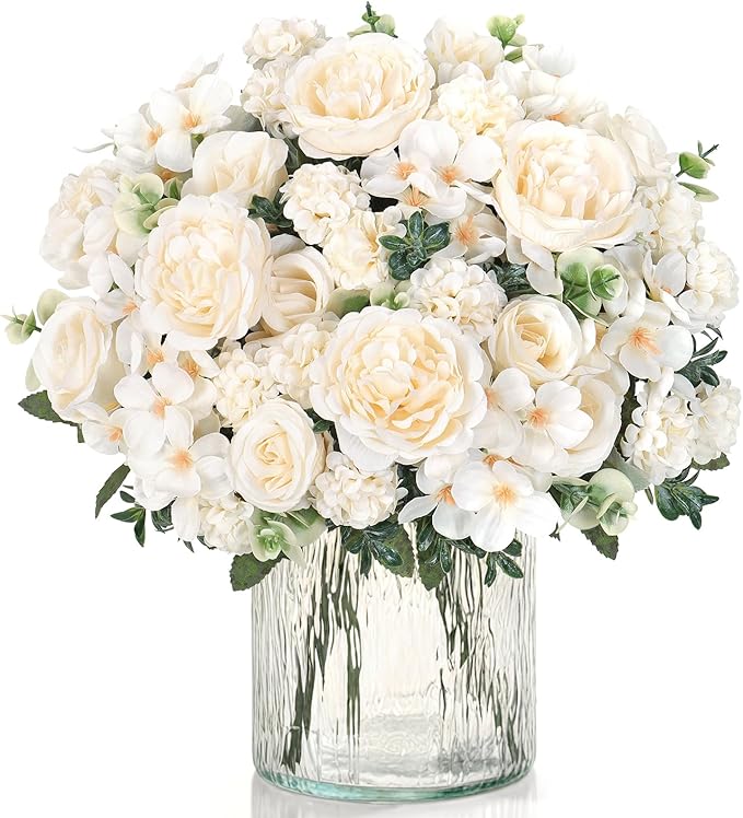 4 Bundles White Peonies Artificial Flowers Silk Flower Centerpieces for Tables Fake Flower Arrangements Bouquets Mixed Roses Hydrangea with Stems for Wedding Bridal Bouquets Home Table Decor
