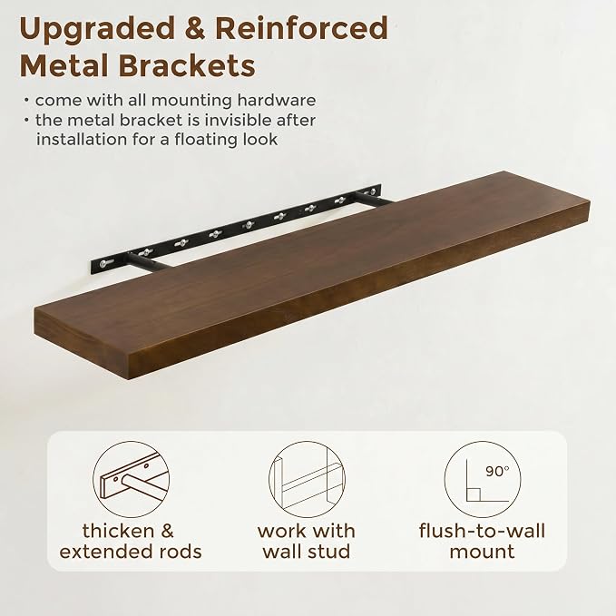 fuqing 40 Inch Floating Shelves | 6.7 Inch Deep Dark Wood Floating Shelves for Wall Set of 2 | 40''W x 6.7''D x 1.4''H Dark Wood Shelves for Living Room Bathroom Bedroom Kitchen Home Office