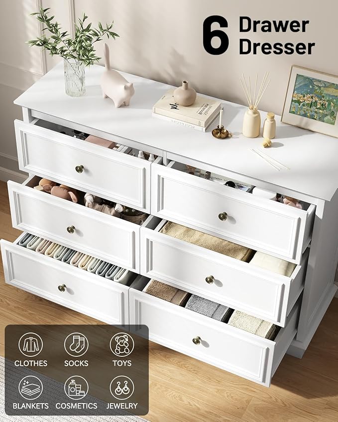 White Dresser, 6 Drawer Dressers for Bedroom, Wide Chest of Drawers with Deep Drawers, Closet Dressers with Metal Handle, Wood Dresser for Living Room, Hallway, Closet