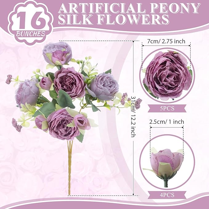 16 Bundles Artificial Peonies Silk Peonies Faux Flower Bouquet Fake Peony Flower Arrangements Table Centerpieces for Vase Wedding Party Boho Home Office Decoration Bulk (Purple)