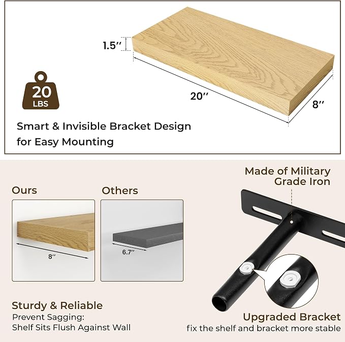 RICHFOCUS 20Inch Floating Shelves for Wall 2 Pack Shelves for Bedroom|Kitchen|Bathroom|Laundry Room Rustic Wood Wall Mounted Shelf with Invisible Brackets for Books|Storage|Decor, Oak