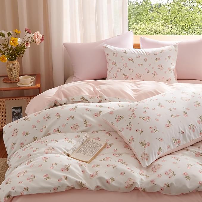 Nayoroom Pink Floral Duvet Cover Queen Size Reversible Spring Cottagecore Bedding Set Girls 3 Pcs Soft Microfiber Coquette Comforter Cover Gift for Women