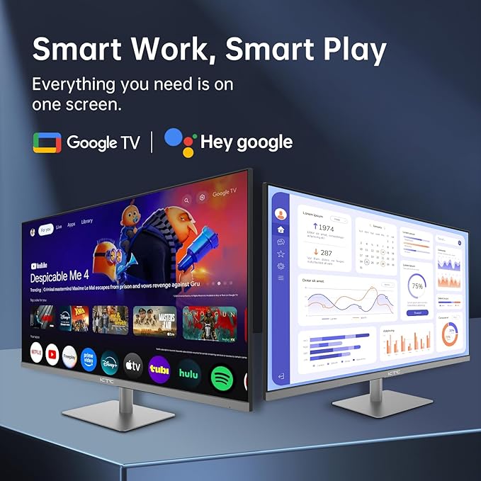KTC 32 Inch 4K Smart Monitor with Google TV System UHD 3440x2560P Hey Google Voice Remote Netflix Licensed Dolby Audio HDR KVM Technology WiFi Bluetooth 65W PD Type C Fast Charger VESA Support