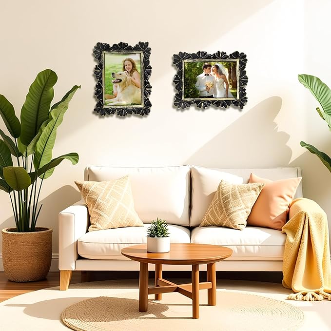 5x7 Vintage Flower Picture Frame, Ornate Antique Photo Frame with Glass Front, Elegant Picture Frame for for Wall or Tabletop Display, Gift ldeas for Home Decor (Black Gold)