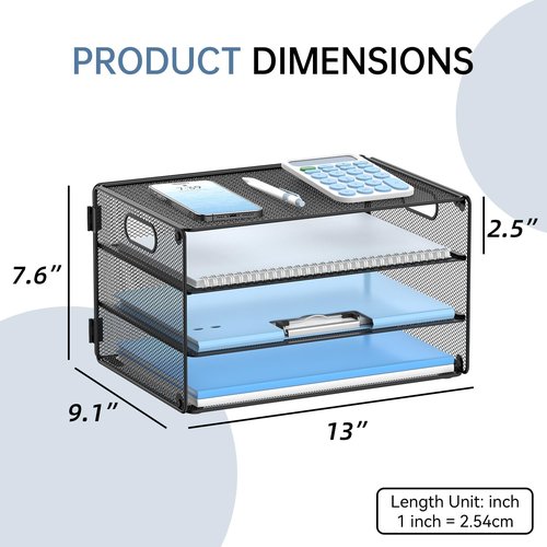 DALTACK 3-Tier Letter Tray - Stylish Mesh Desk Organizer with Handle for Office & Home | Black Metal
