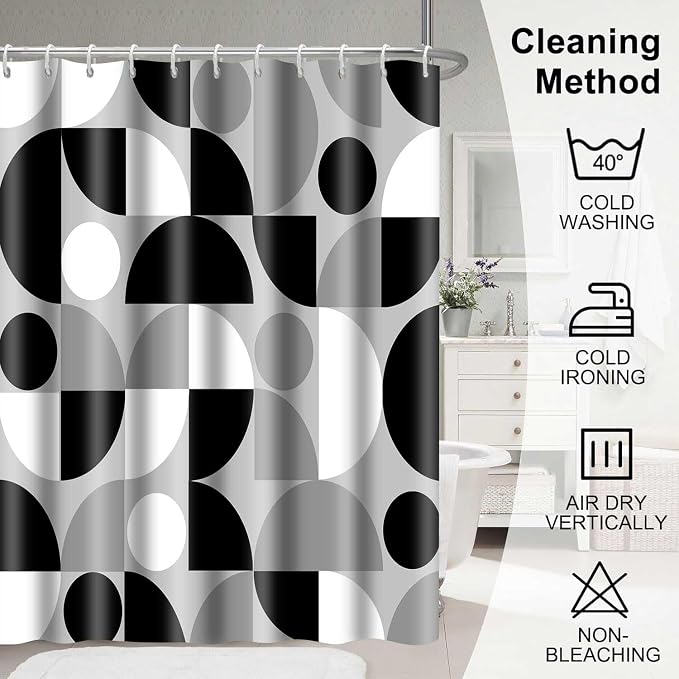 Black White and Grey Mid Century Modern Shower Curtain Boho Abstract Geometric Art Shower Curtains for Bathroom Decor 72x72 Inch Colorful Unique Pattern Washable Fabric Bathroom Set with 12 Hooks