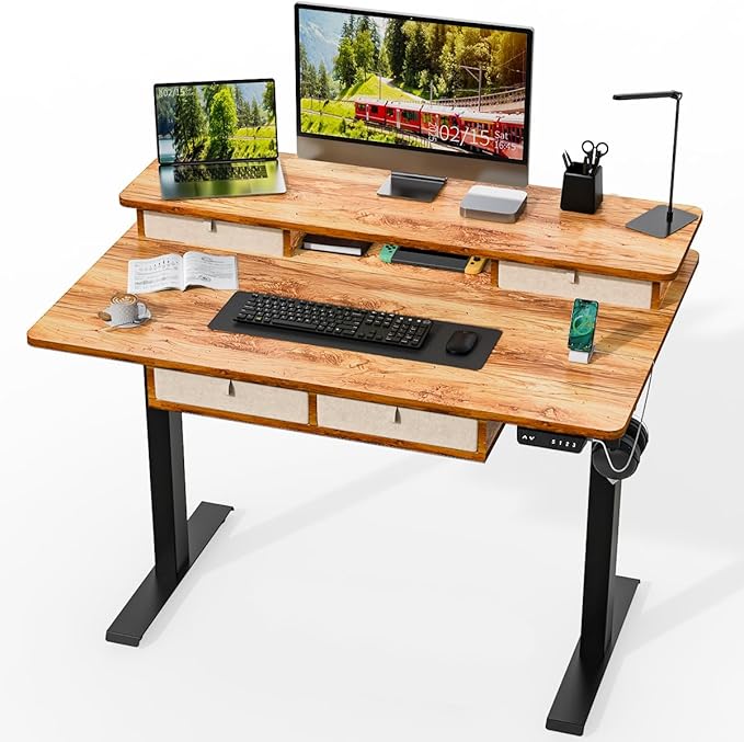 Kingant Standing Desk with Fast Charging USB Ports, 48" x 30" Height Adjustable Home Office & Gaming Desk, Sit Stand Desk with Built-in Storage Shelf, Hook & Ergonomic Design(Light Rustic)
