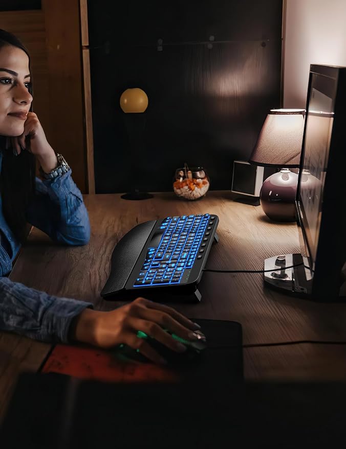 SABLUTE Ergonomic Keyboard, USB Wired with Cushioned Wrist & Palm Rest, 7-Color Backlit Adjustable Brightness for Windows, macOS, Desktop, Laptop & PC