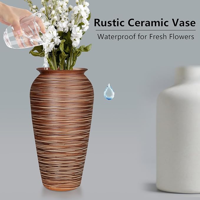 Ceramic Rustic Floor Vase,12" Large Farmhouse Flower Vases for Home Decor,Tall Boho Stain Resistant Decorative Vase for Living Room,Entryway,Office,Shelf,Centerpieces Decor (Goldenbrown)