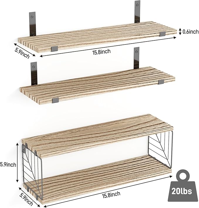 Fixwal Bathroom Floating Shelves Over Toilet, 15.8in Farmhouse Rustic Wood Shelves, Wall Decor for Bathroom, Living Room,Bedroom and Kitchen (3 Plus 1 Tier Rustic Brown)