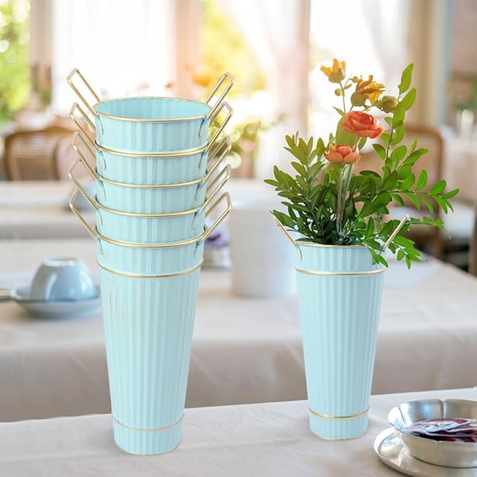 10 PCS 9 Inch Tall Galvanized Flower Buckets, Metal Flower Vase, Rustic Farmhouse French Flower Buckets with Handles for Wedding, Home Décor(Blue)