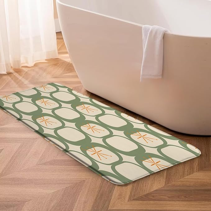 Mid Century Modern Bath Mat Abstract Atomic Geometric Retro 1950s Sage Green Bathroom Kitchen Toilet Rugs,18x48 Inch