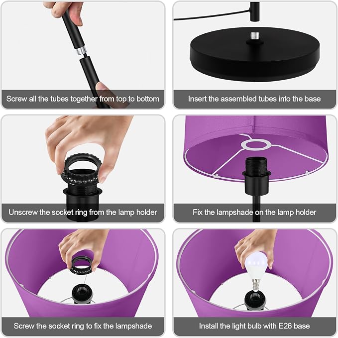AUQUEE Floor Lamp, Standing Lamp, Modern Stand Up Lamps with Purple Lampshade, 59" Tall, Foot Switch, Simple Living Room Decor for Kids Room, Girls Room, Den, Office - Black(NO Bulb,E26 Base)