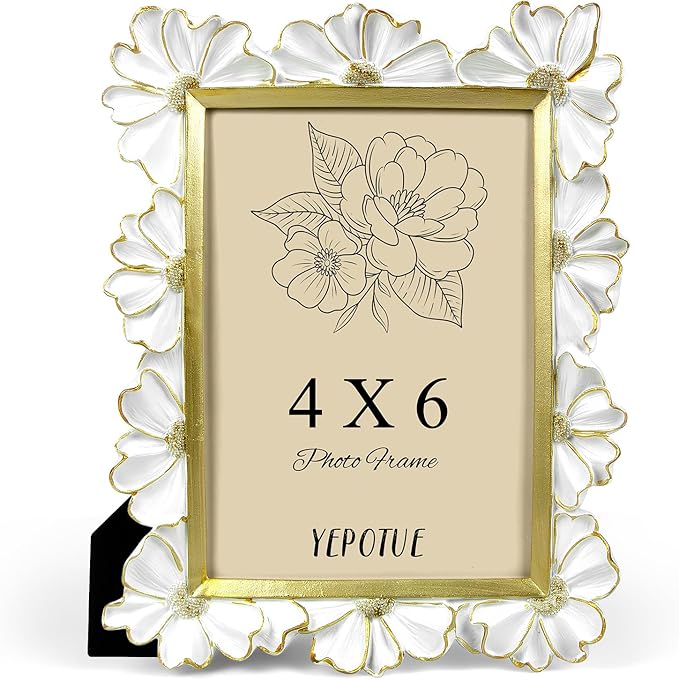 4x6 Vintage Flower Picture Frame, Ornate Antique Photo Frame with Glass Front, Elegant Picture Frame for for Wall or Tabletop Display, Gift ldeas for Home Decor (White Gold)