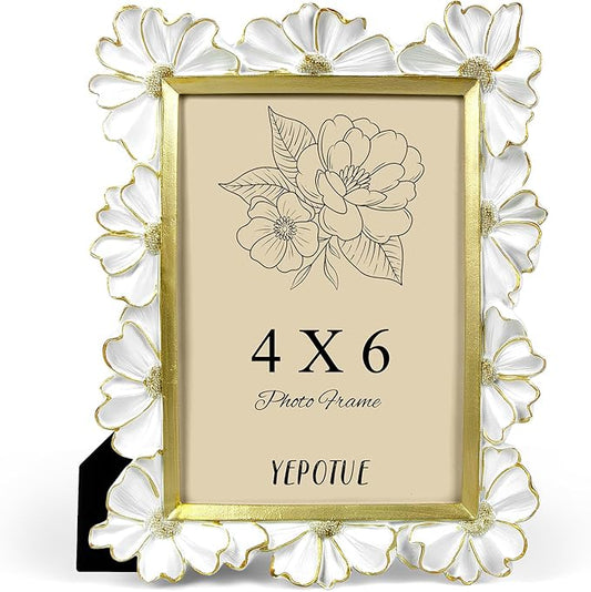4x6 Vintage Flower Picture Frame, Ornate Antique Photo Frame with Glass Front, Elegant Picture Frame for for Wall or Tabletop Display, Gift ldeas for Home Decor (White Gold)