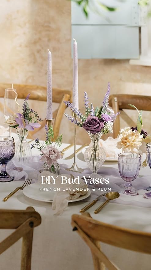 Ling's moment Artificial Wedding Flowers 1.5" Rose Buds and 2" Petite Roses 25pcs Lilac & Purple w/Stem for DIY Wedding Boutonniere Wrist Corsages Bouquets Centerpieces Arrangements