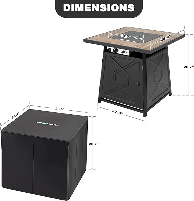 Nuu Garden 28 Inch Outdoor Propane Fire Pit Table, 50,000 BTU Square Gas Fire Table with Ceramic Tabletop, Lid, Cover, Lava Rock for Garden Backyard Party, Black